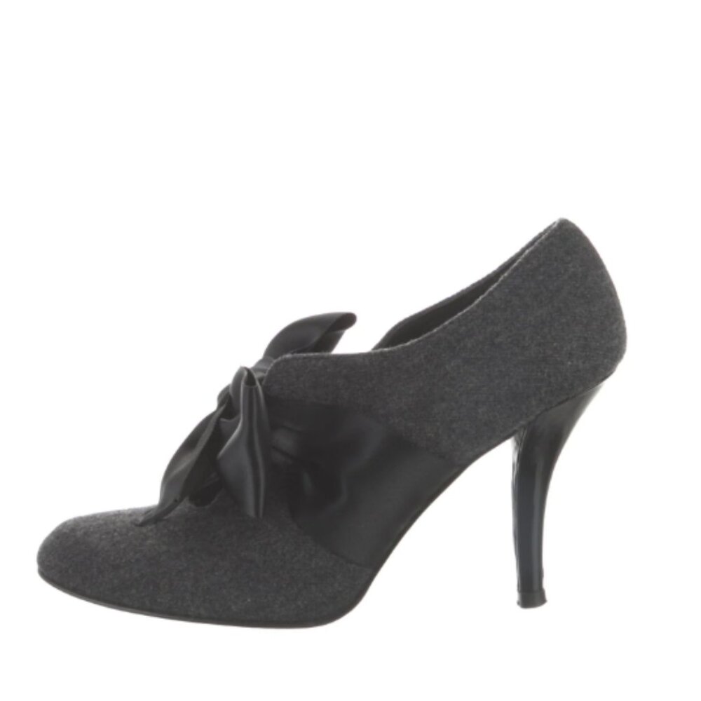 Stuart Weitzman 'Bouffant' Gray Wool Satin Bow High Heeled Bootie, Size 7